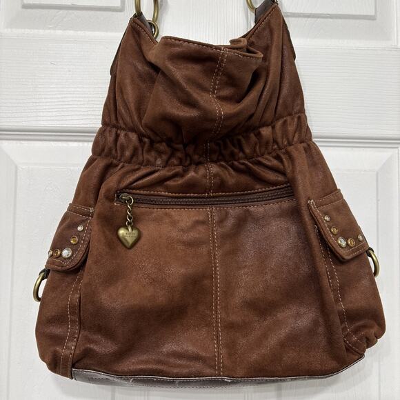 Kathy Van Zeeland Shoulder Bag Purse Brown Faux Suede Leather Hobo Bling Charms - Picture 4 of 10